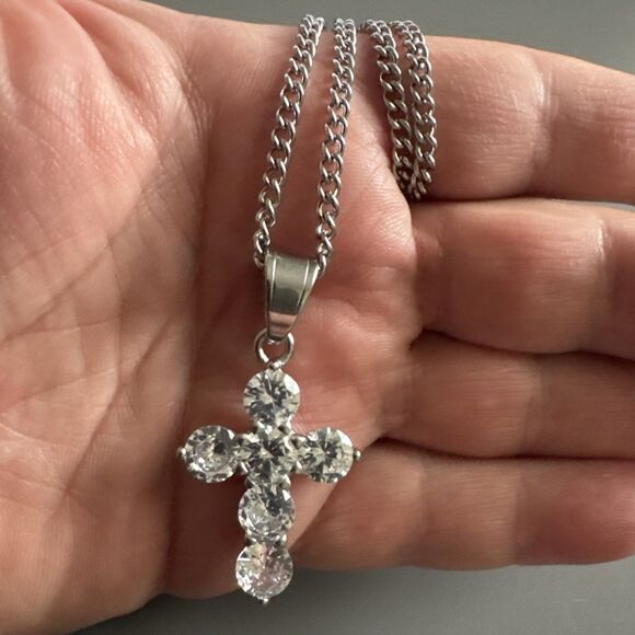 Cubic Zirconia Stainless Steel Cross Pendant Gift Trendy 24” Necklace Silver - Picture 5 of 6